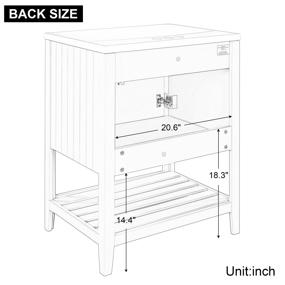 Bathroom vanity W solid wood frame Features open shelving Includes ceramic sink