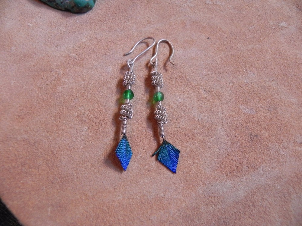 Strut~Triangle Shaped PEACOCK FEATHER, Silver Coil & Green Bead Earrings-NEW
