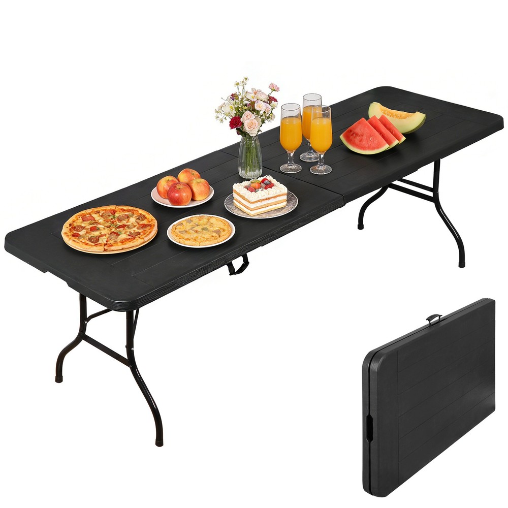 8FT Portable Folding Table Fold-in-Half Plastic Table for Dining Picnic Black