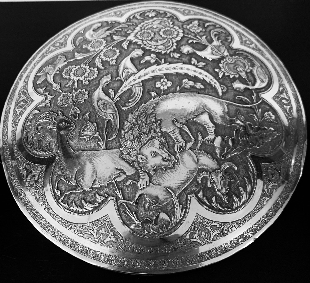 Antique hand engraved persian islamic arabic solid silver round box 945 g