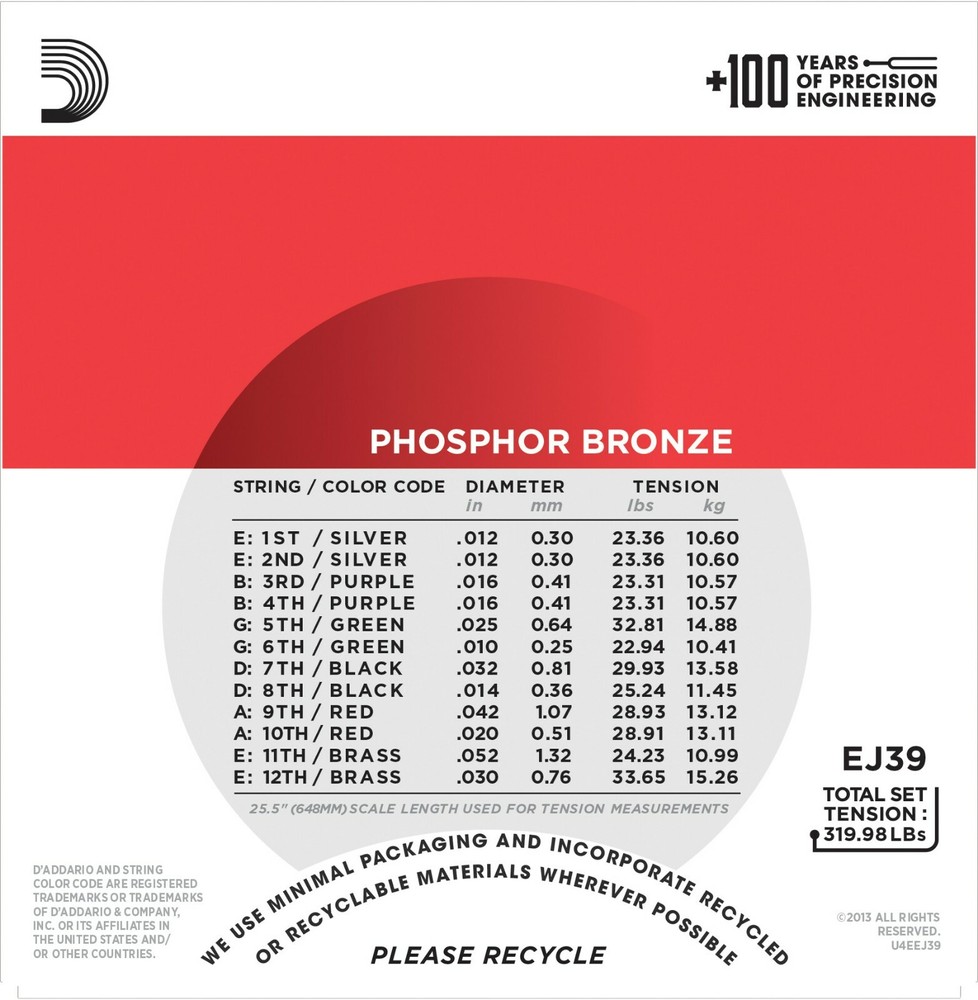 D'Addario EJ39 12-String Phosphor Bronze Medium 12-52 Acoustic Guitar Strings