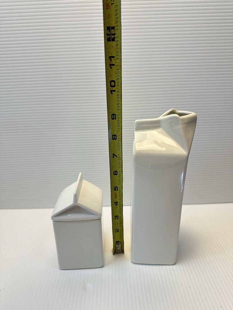 Ceramic Milk Carton Vase Set White Creamer Sugar Container Kitchen Decor 2 Pc