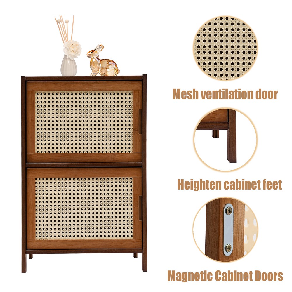 Nightstand With Decor Drawers Rattan Pattern End Table - Bamboo Sofa Side Table
