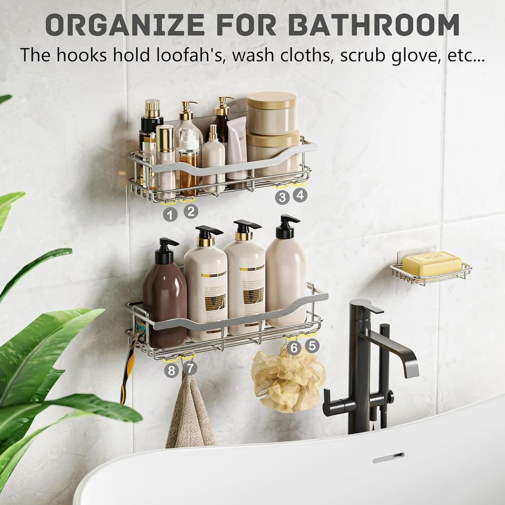 3-Pack Shower Caddy with Soap Holder, Adhesive Rustproof No-drill Strudy Load...