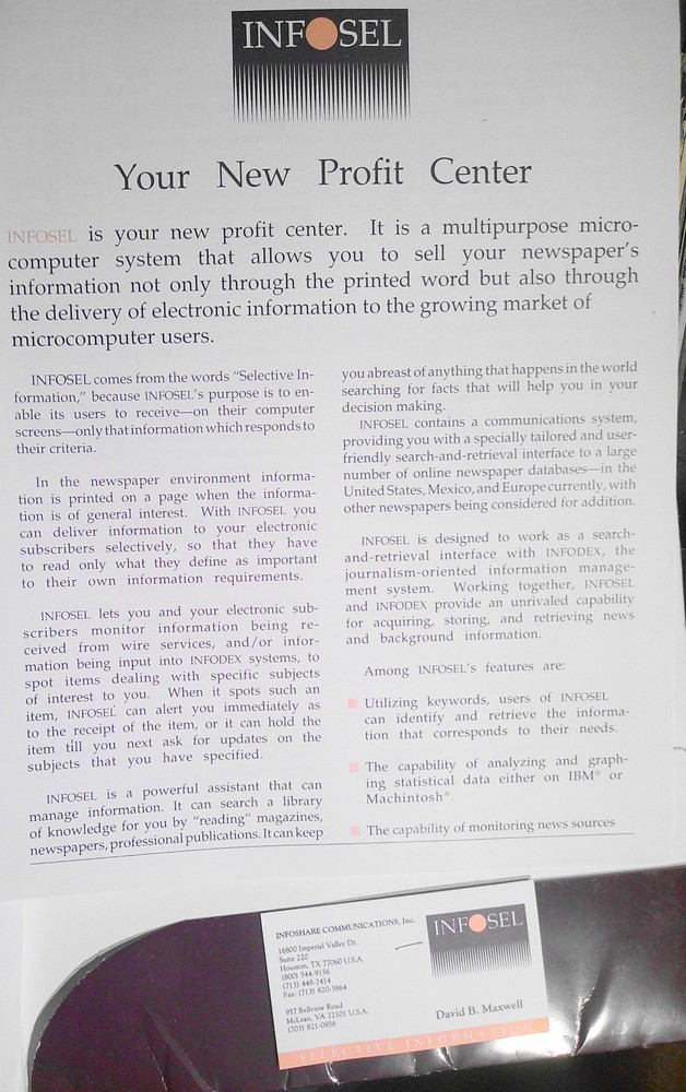 1989 Infosel Press Kit -Introducing Infodex multi-media database for journalists
