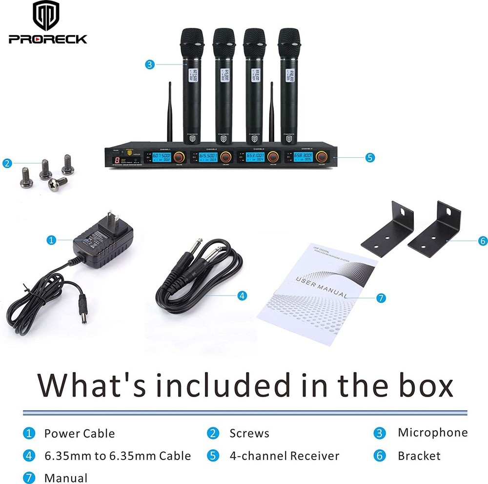 PRORECK MX44 4-Channels UHF Wireless Microphone System with 4 Hand-held Mics Set