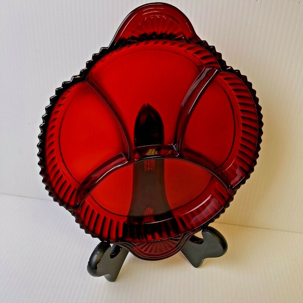 Ruby Red three Section Dish wh Scalloping on Side B5-30