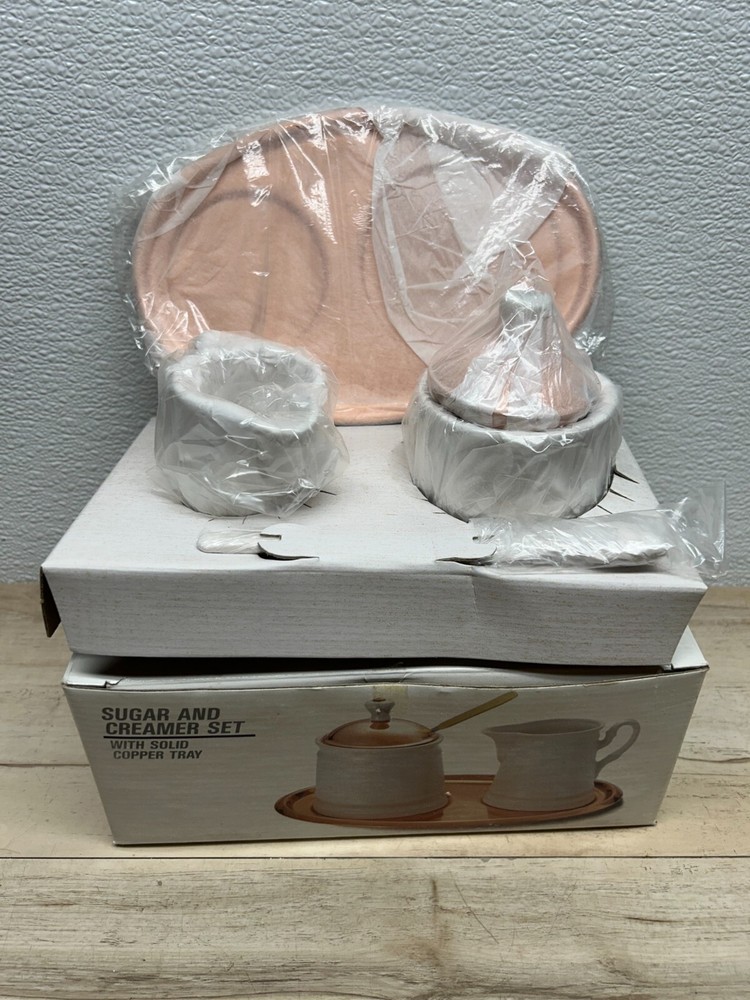 Baker Heart & Stuart White Prcelain Sugar And Creamer Set With Solid Copper Tray