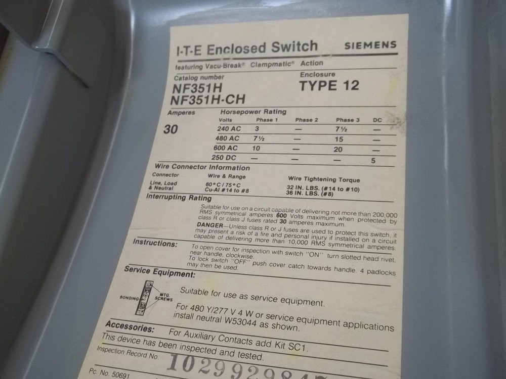 I-T-E NF351H ENCLOSED SWITCH NSNP