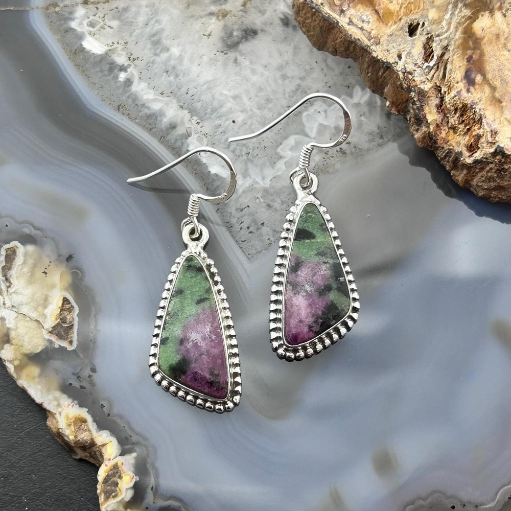 Sterling Southwestern Style Triangular Ruby Zoisite Dangle Earrings For Women