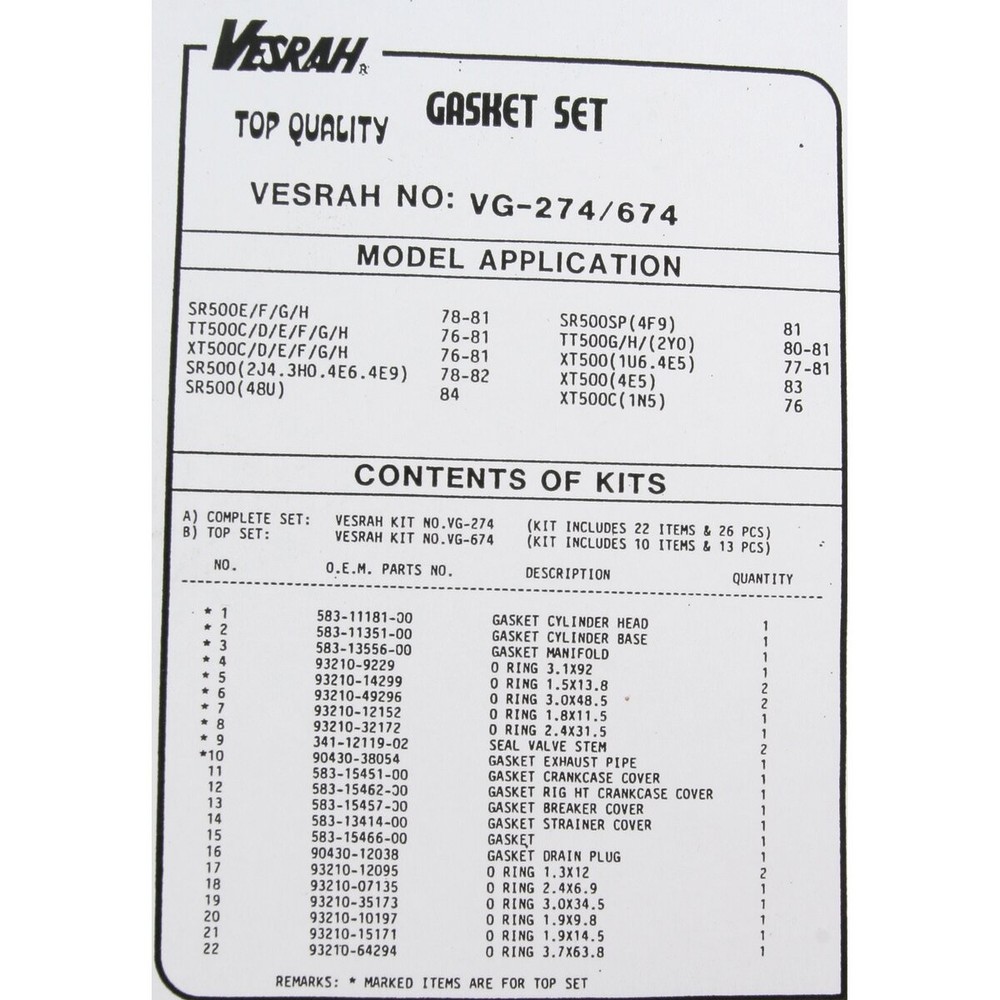 Vesrah Complete Gasket Set - VG274