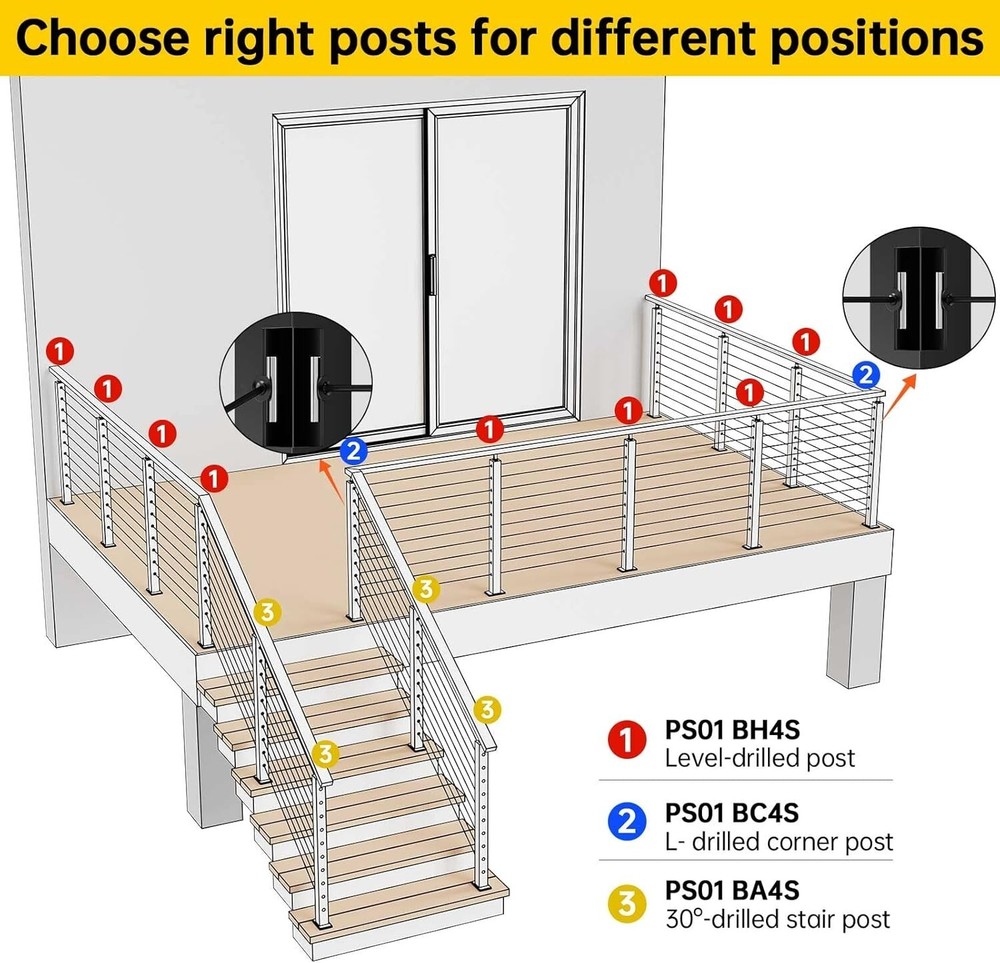 Black Cable Railing Post 36 Inch 36"x2"x2" Level Drilled Surface Mount T304 S...