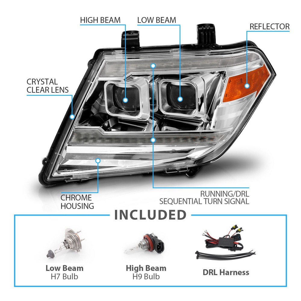 2009-2020 For Frontier LED DRL Switchback Sequential Signal Chrome Headlights