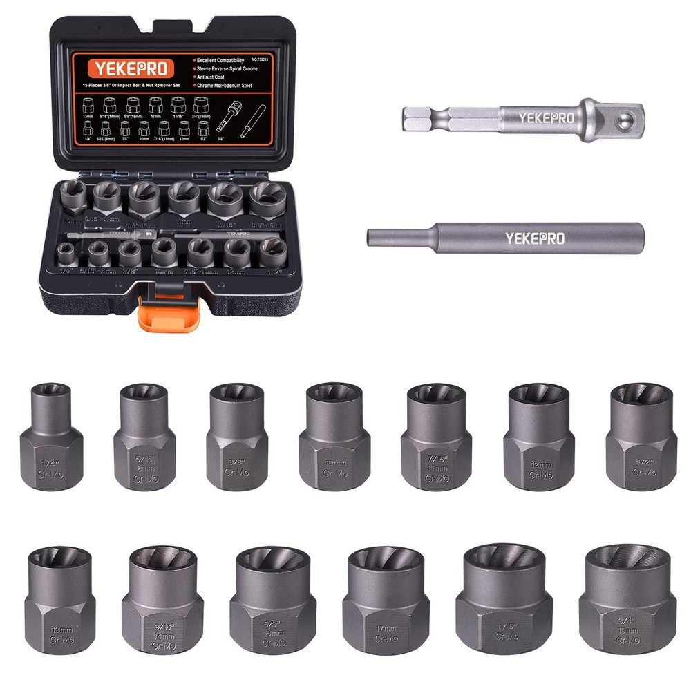 YEKEPRO 15pc Bolt Extractor Set 3/8" Drive Impact Easy Out Socket Remover