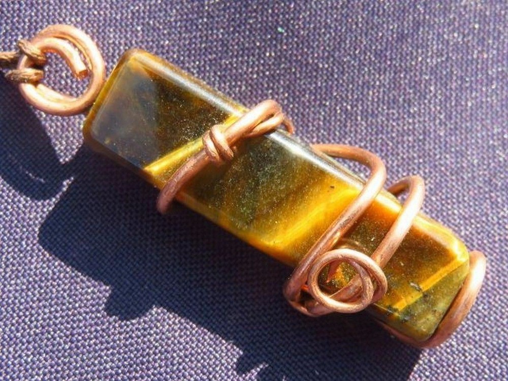 Gem Quality Polished Rectangular Tigers Eye Copper Wire Wrapped Pendant