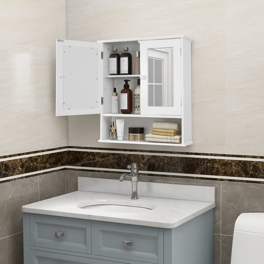 Wall Mounted Bathroom Cabinet with Mirror Doors and Shelf