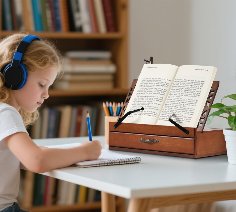 Adjustable Wooden Book Stand with Storage - Multi-Function Hands Free Book Ho...