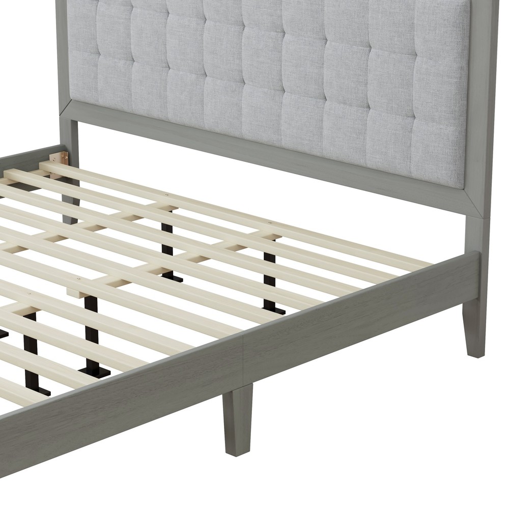 California King Bed Frame Solid Wood Upholstered Panel Headboard Gray