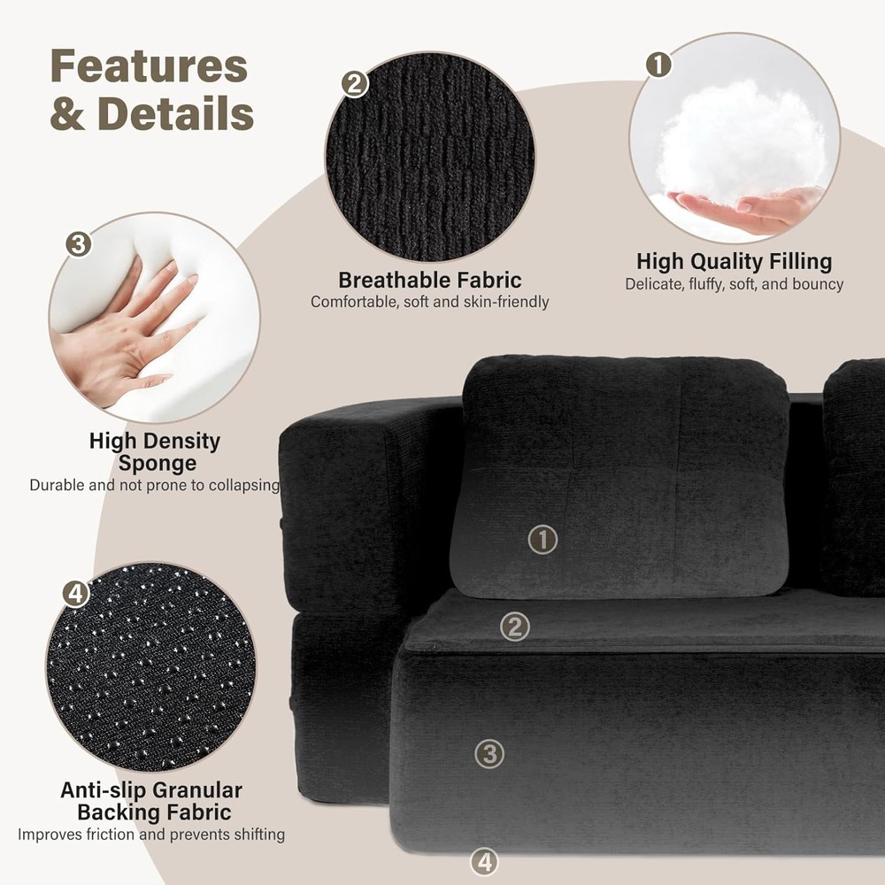 Convertible Sofa Bed Queen Folding Cloud Couch Black No Assembly w/Blanket