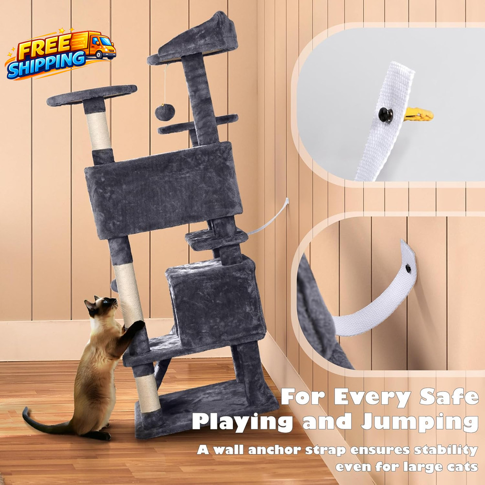 54In Cat Tree Multi-Level Cat Tower with Spacious Kitten Ear Perch 2 Cozy Caves