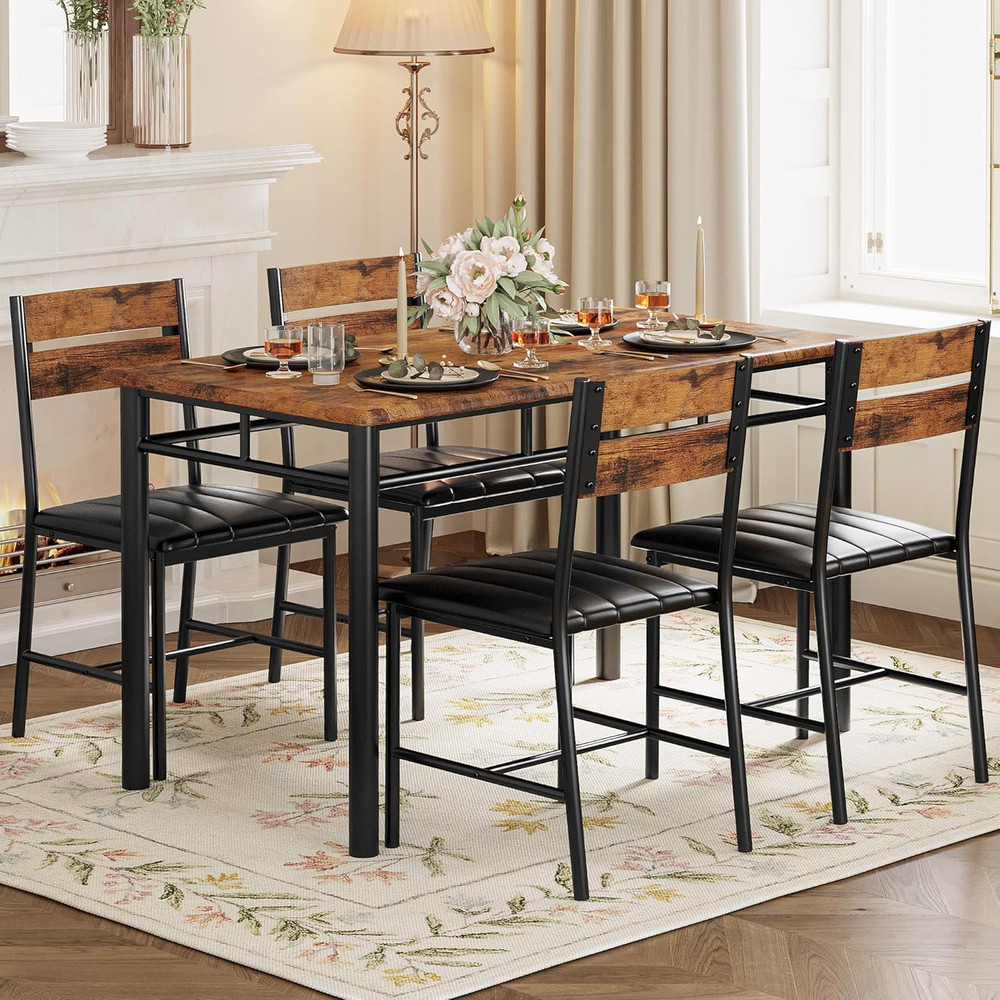 Dining Table Set for 4, Wood Kitchen Table with Upholstered Chairs for Kitchen R
