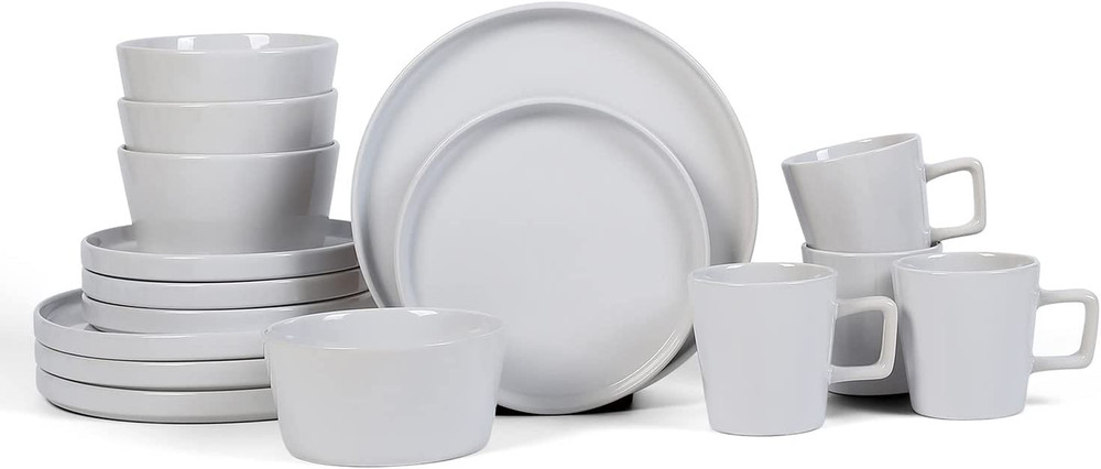 Celina Modern Stoneware 16-Piece Dinnerware Set, Plates and Bowls Set, White Glo