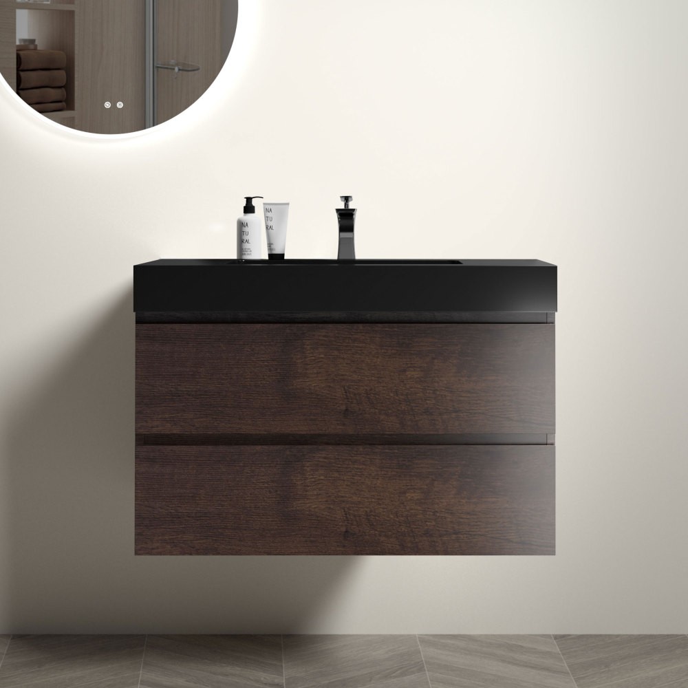 Matte Black Engineered Quartz Integrated Bathroom Basin Sink Overflow Included