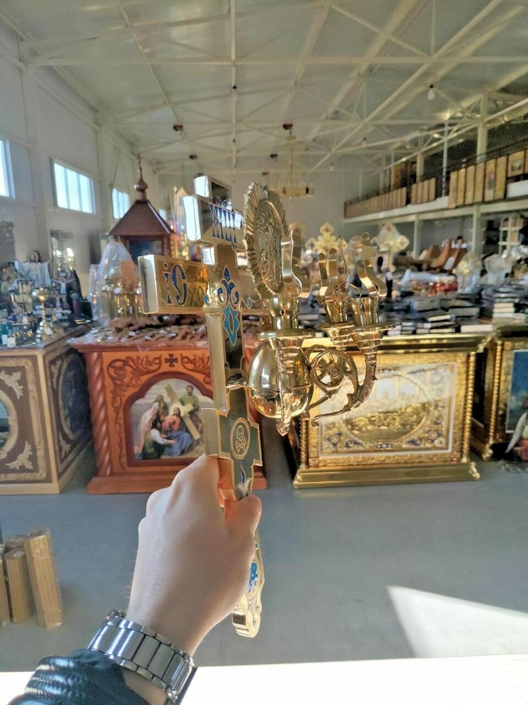 Easter three candlestick on the cross cast brass 13.77"