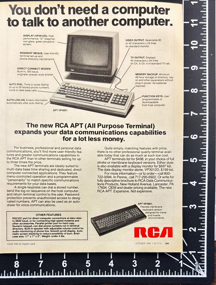 RCA APT All Purpose Terminal Data Communications Vintage Print Ad 1984