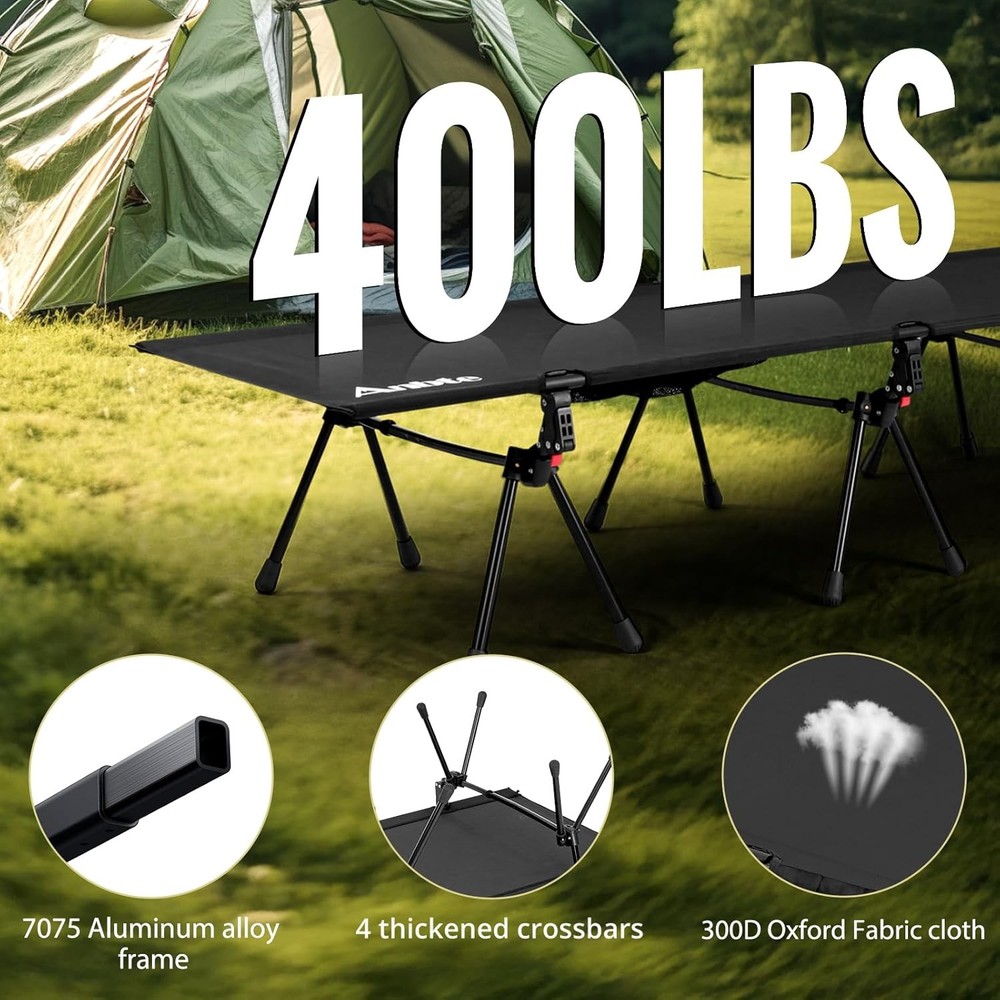 Height Adjustable Camping Cot W/ Storage Net & Bag Support up to 400lbs