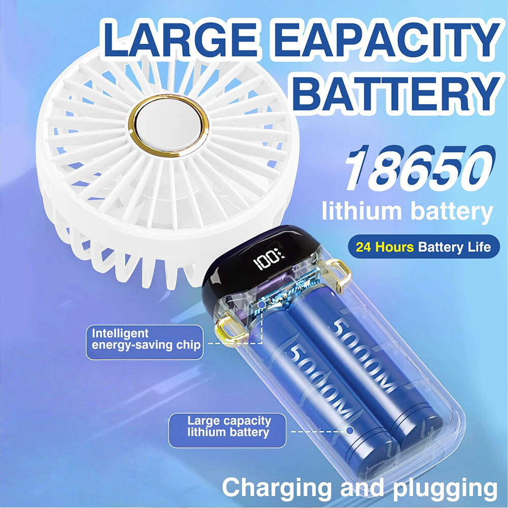 White Mini Handheld Fan USB Rechargeable Digital Display,5 Wind Modes,Foldable