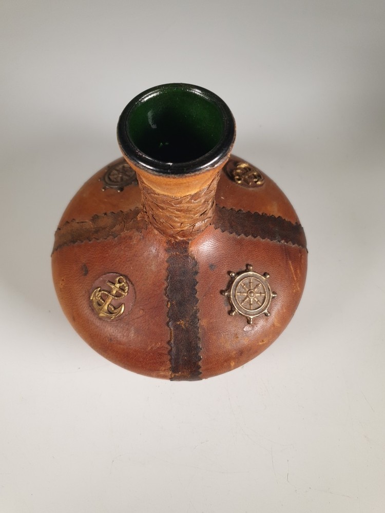 Vintage Leather Wrapped Green Bottle Decanter