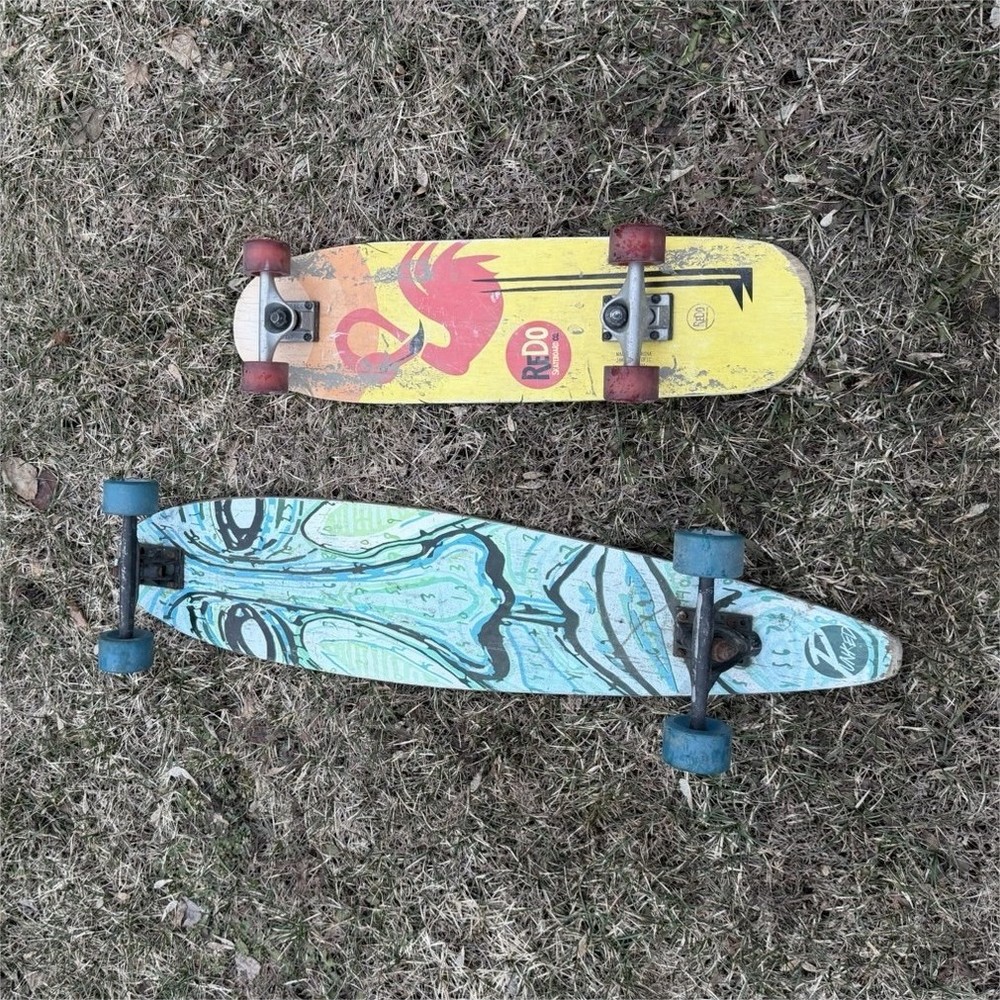 Redo Skateboard & Two Longboards - Blue Wheels, Yellow Deck, Red Wheels