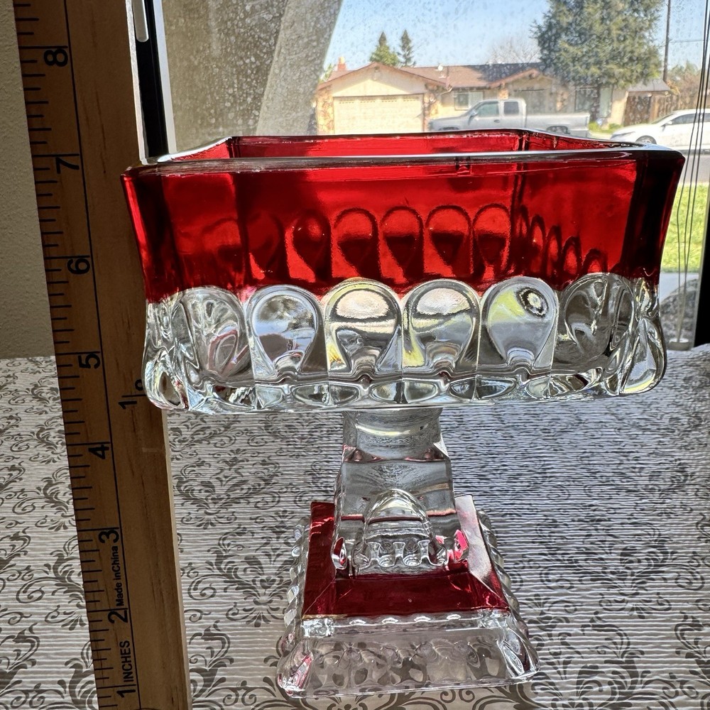Indiana Glass Ruby Flash Pedestal Compote Square Thumbprint Bowl