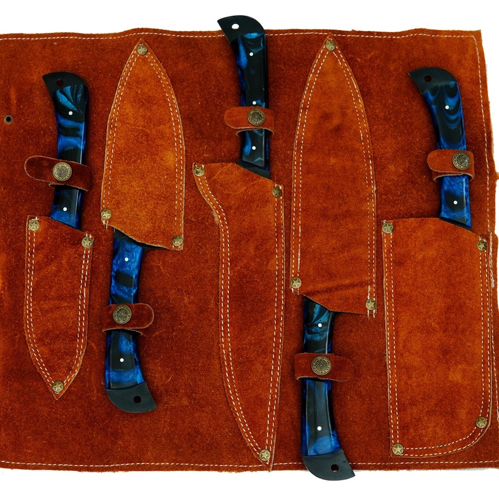 CUSTOM HANDMADE D2 HAMMERED PATTERN 5 PIECES CHEF SET WITH LEATHER CARRYING BAG