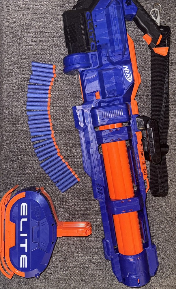 NERF Elite Titan CS-50 Motorized Blaster - TESTED - Includes 50-Round Drum/Strap
