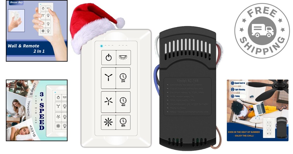 White Ceiling Fan Remote Control & Dimmer Switch with Timer Settings - 3-Speed