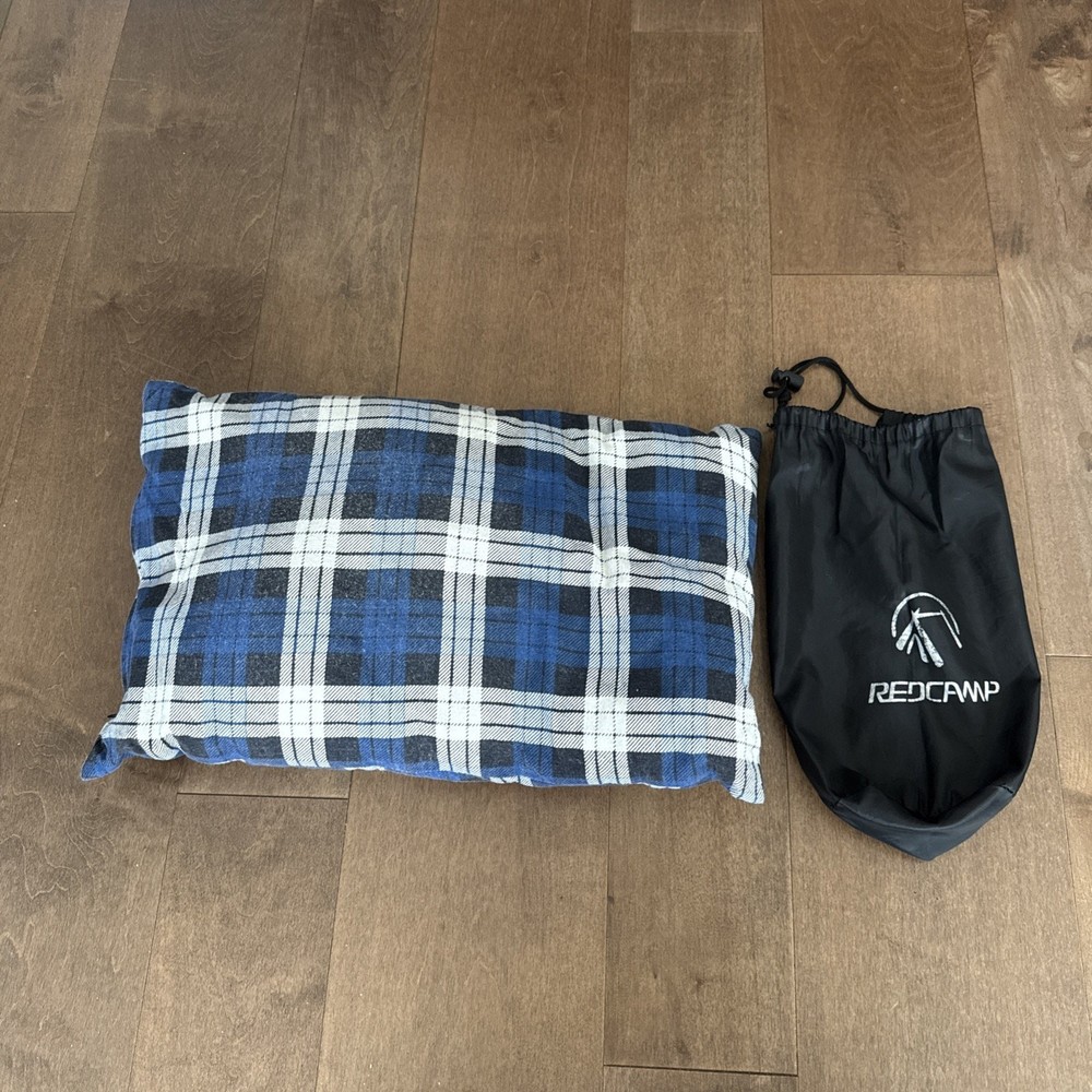 Red Camp Camp Pillow Blue Plaid Drawstring Black Bag