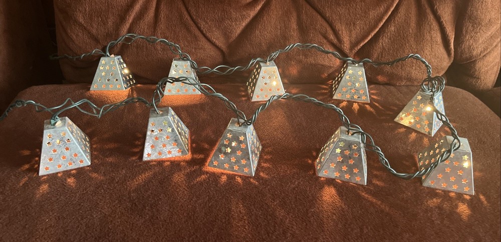Galvanized Punched Metal Stars String Light Shade Covers ~ 10 Lanterns L 86”