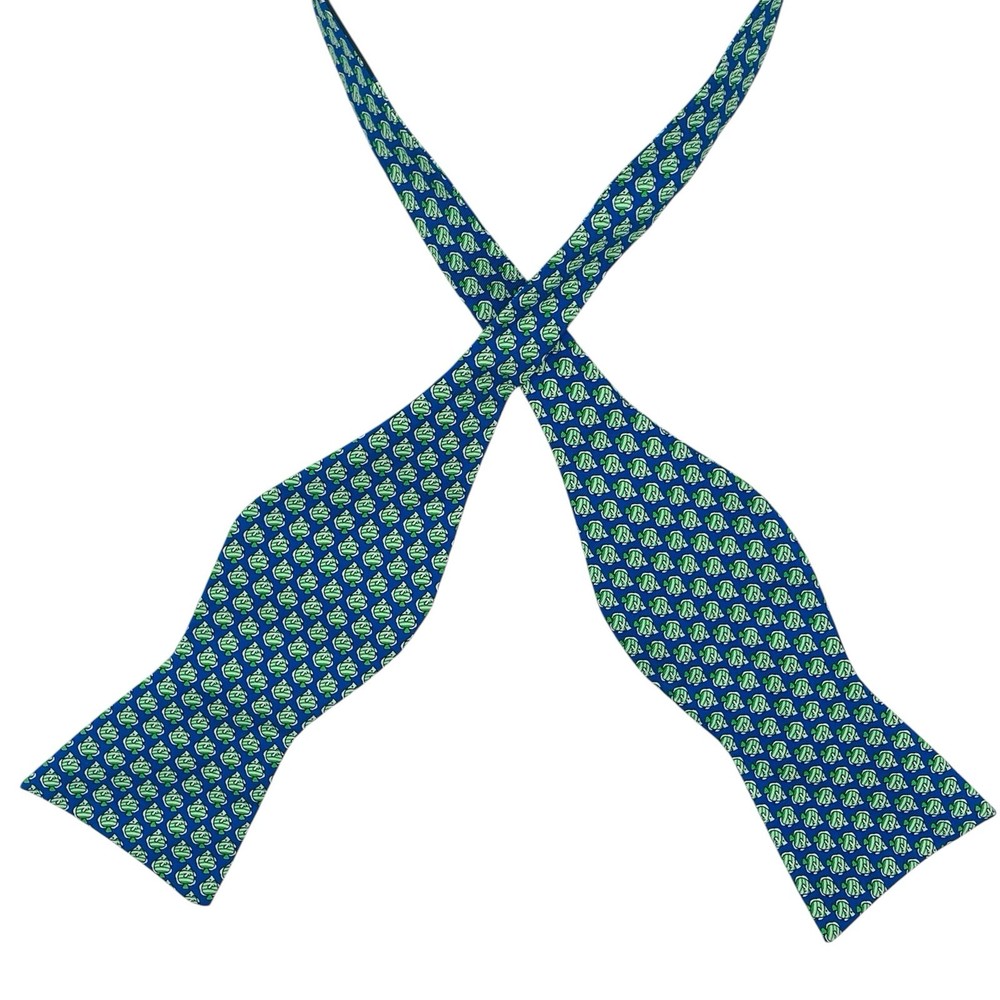 Tommy Hilfiger Men’s Green Fish Pattern Blue Silk Bow Tie