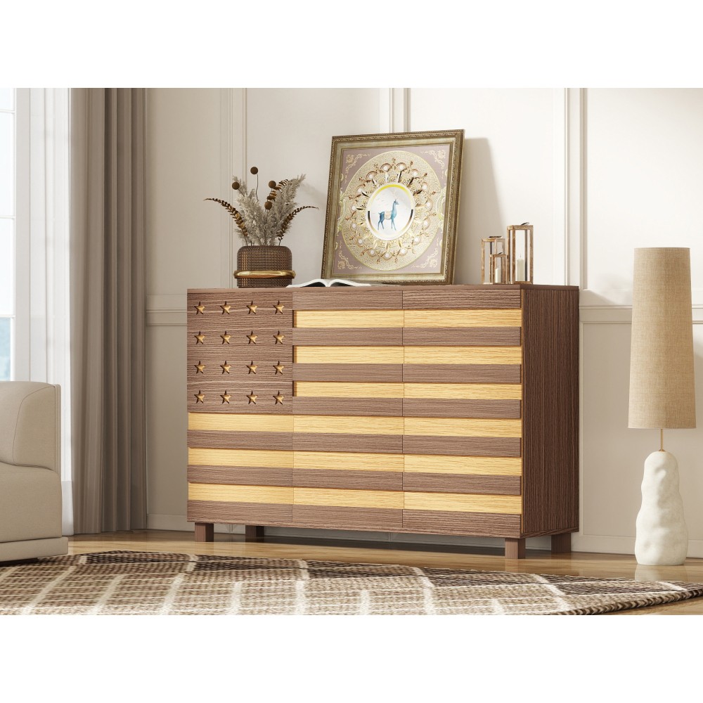 55" Buffet Brown Sideboard Cabinet,2 Drawers, 3 Doors, Adjustable Shelf