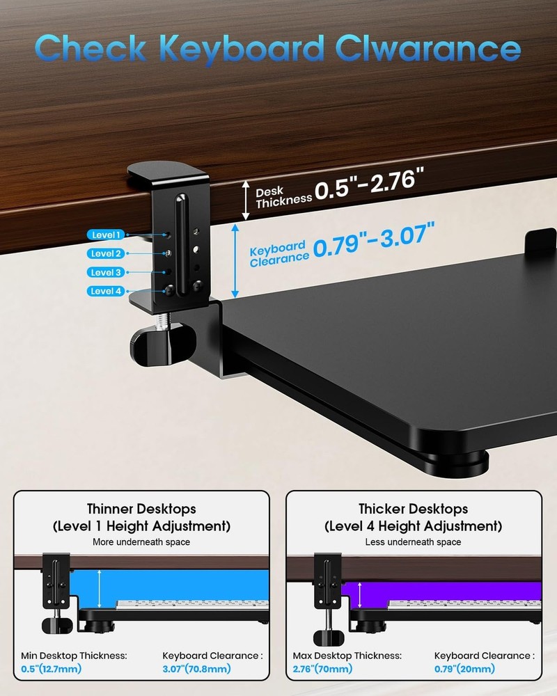Small Keyboard Tray Under Desk, Pull Out Keyboard & Mouse Tray with Adjustabl...