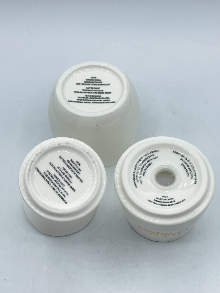 Avon White Stackable Creamer Shaker Sugar 3pc Ceramic Set