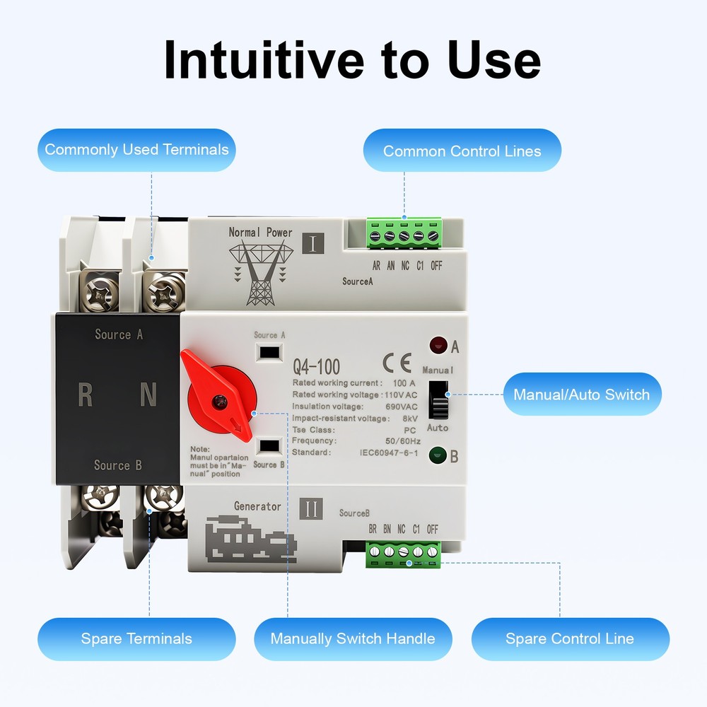 DIN Rail Mount Dual Power Transfer Switch, 2P 100 Amp Automatic Transfer Switch