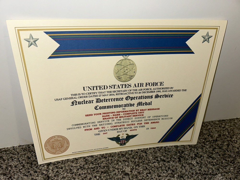 NUCLEAR DETERRENCE OPERATIONS MEDAL COMMEMORATIVE CERTIFICATE ~ W/PRINTING T-1