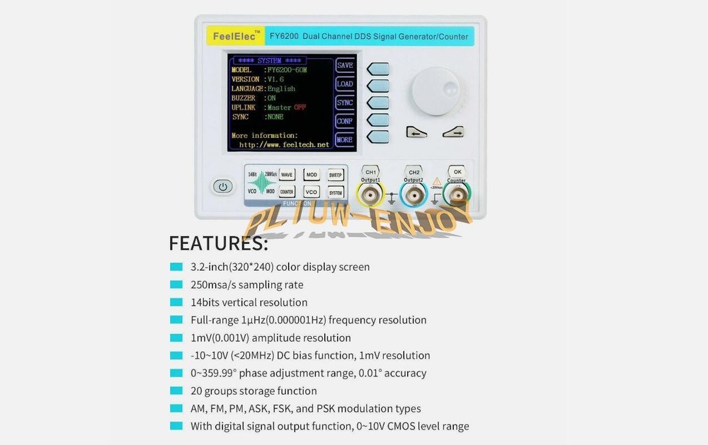 FeelElec FY6200 20MHz 3.2" LCD DDS 2CH Signal Source Generator Frequency Counter