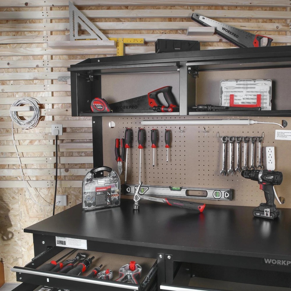 WORKPRO 2-In-1 Steel Garage Combo Workbench Workshop Tool Storage Cabinet Light