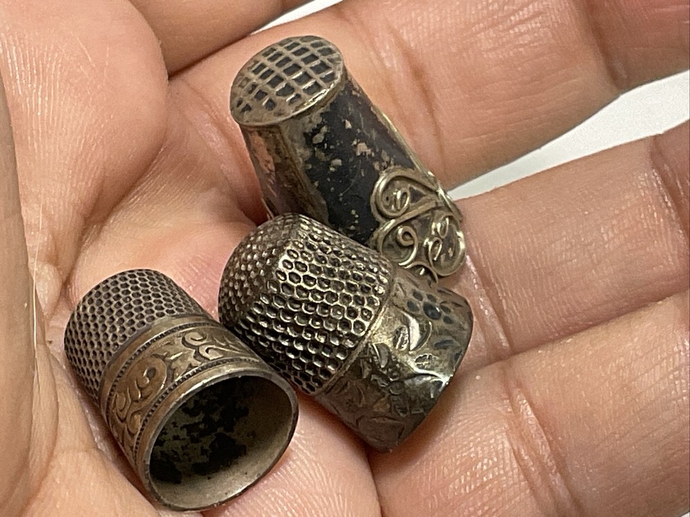 3 ANTIQUE Vintage Solid SILVER Size 7 PANELED THIMBLEs
