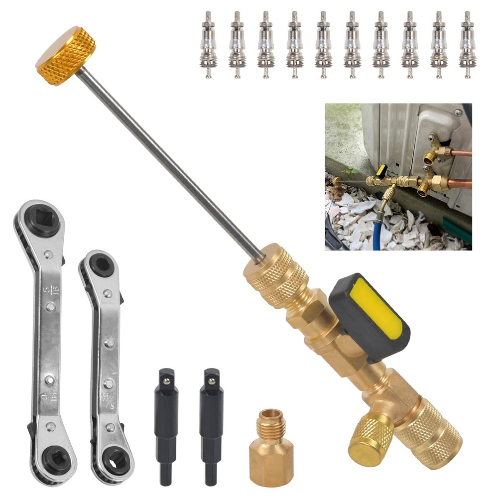 Valve Core Remover Installer Tool & HVAC Service Wrench with Hex Bit Adapter Kit