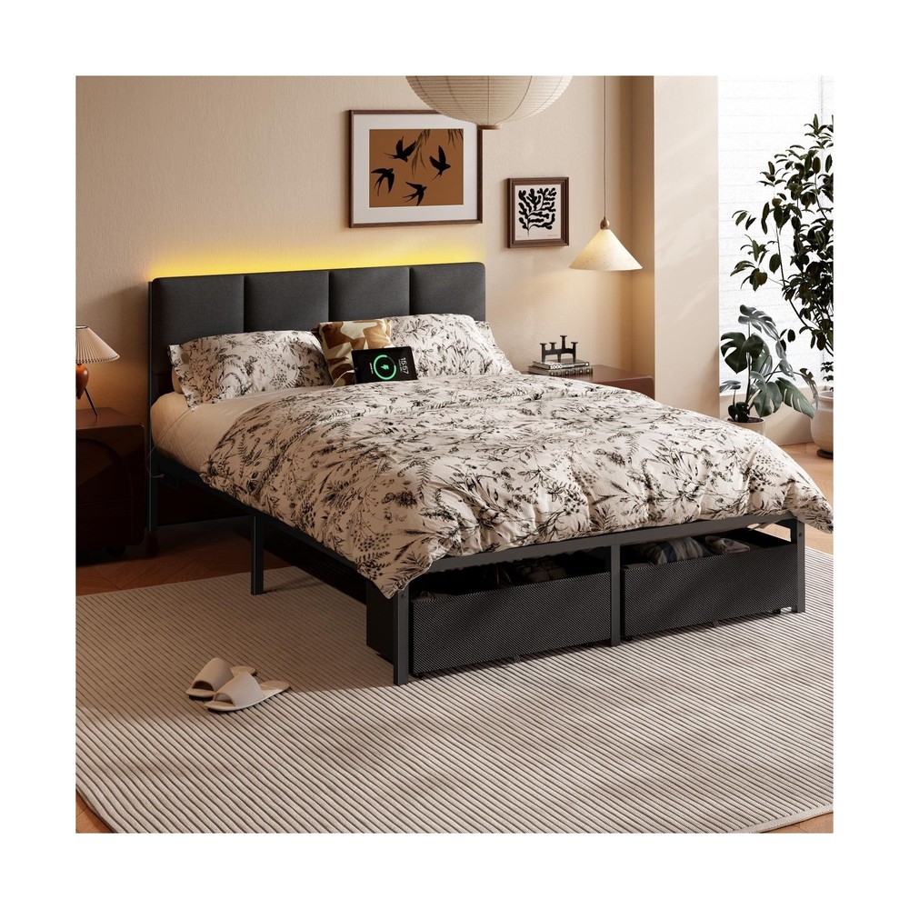 Furnulem Full Size Bed Frame with Headboard, Upholstered Full Bed Frame with ...